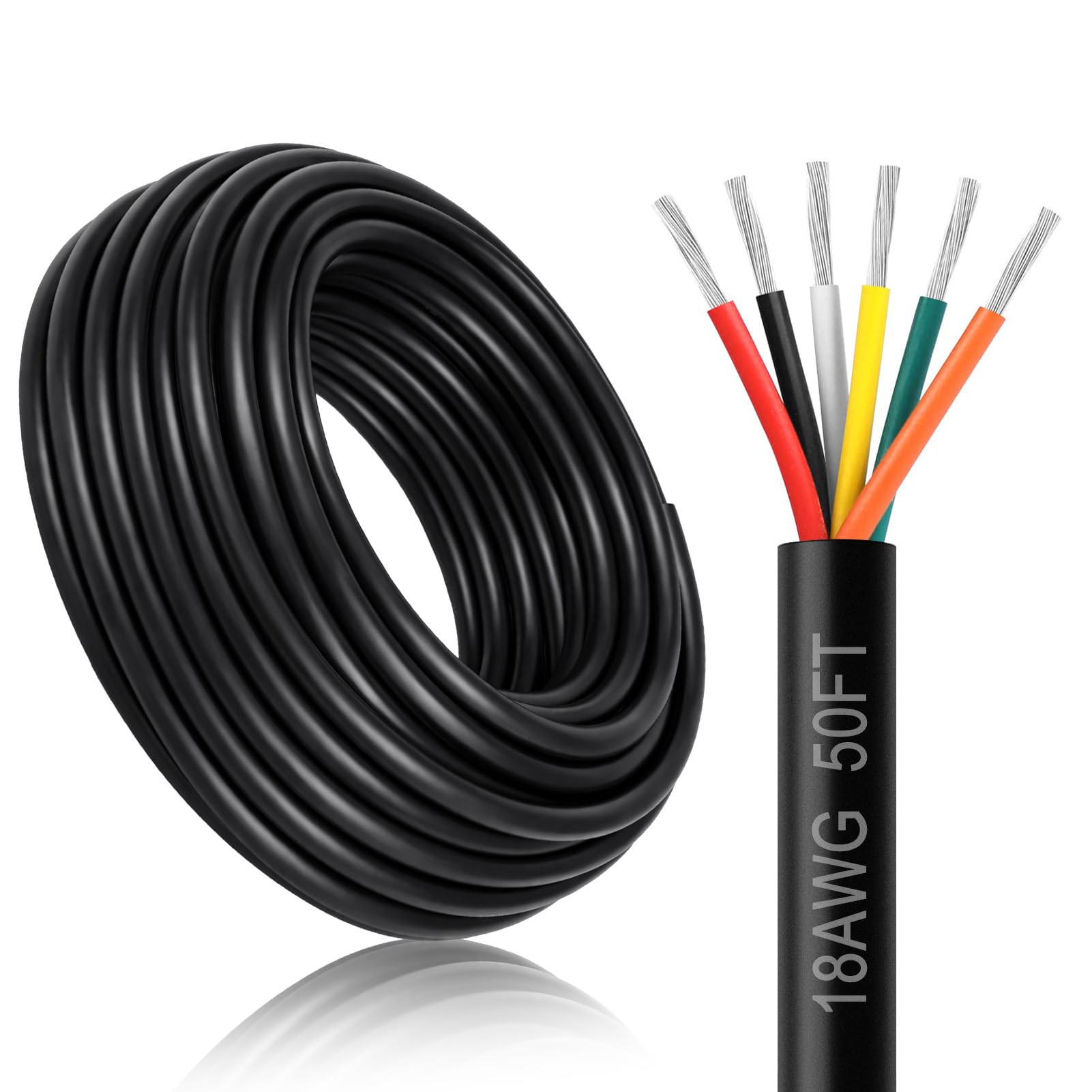 18 Gauge 6 Conductor Electrical Wire, 50FT 18AWG Black PVC Stranded Tinned Copper 6 Wire Cable, 18/6 Cord Extension Cable for LED Lamp Lighting,