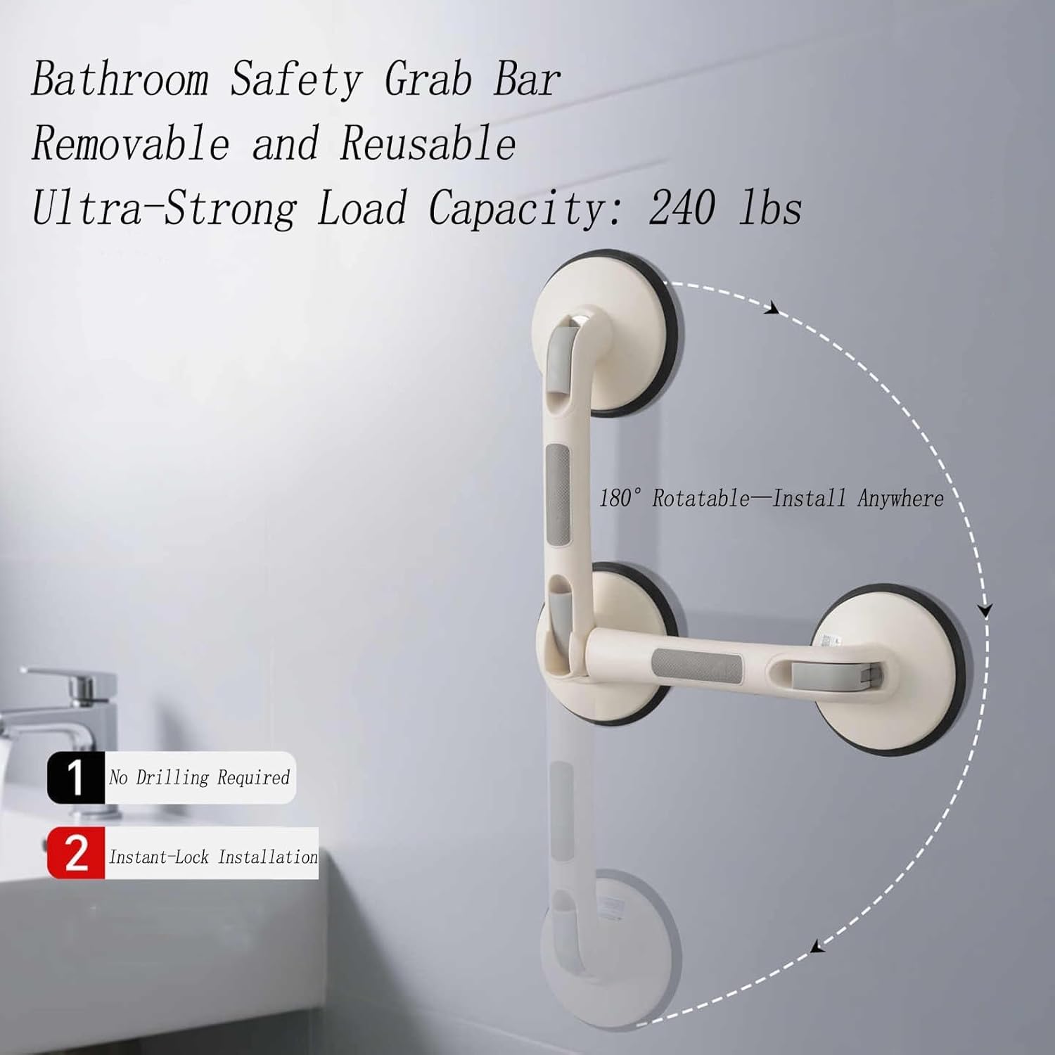 Barra de agarre antideslizante con ventosa para seguridad en el baño, ángulo ajustable, capacidad de carga de 220 libras, fácil instalación (negro)