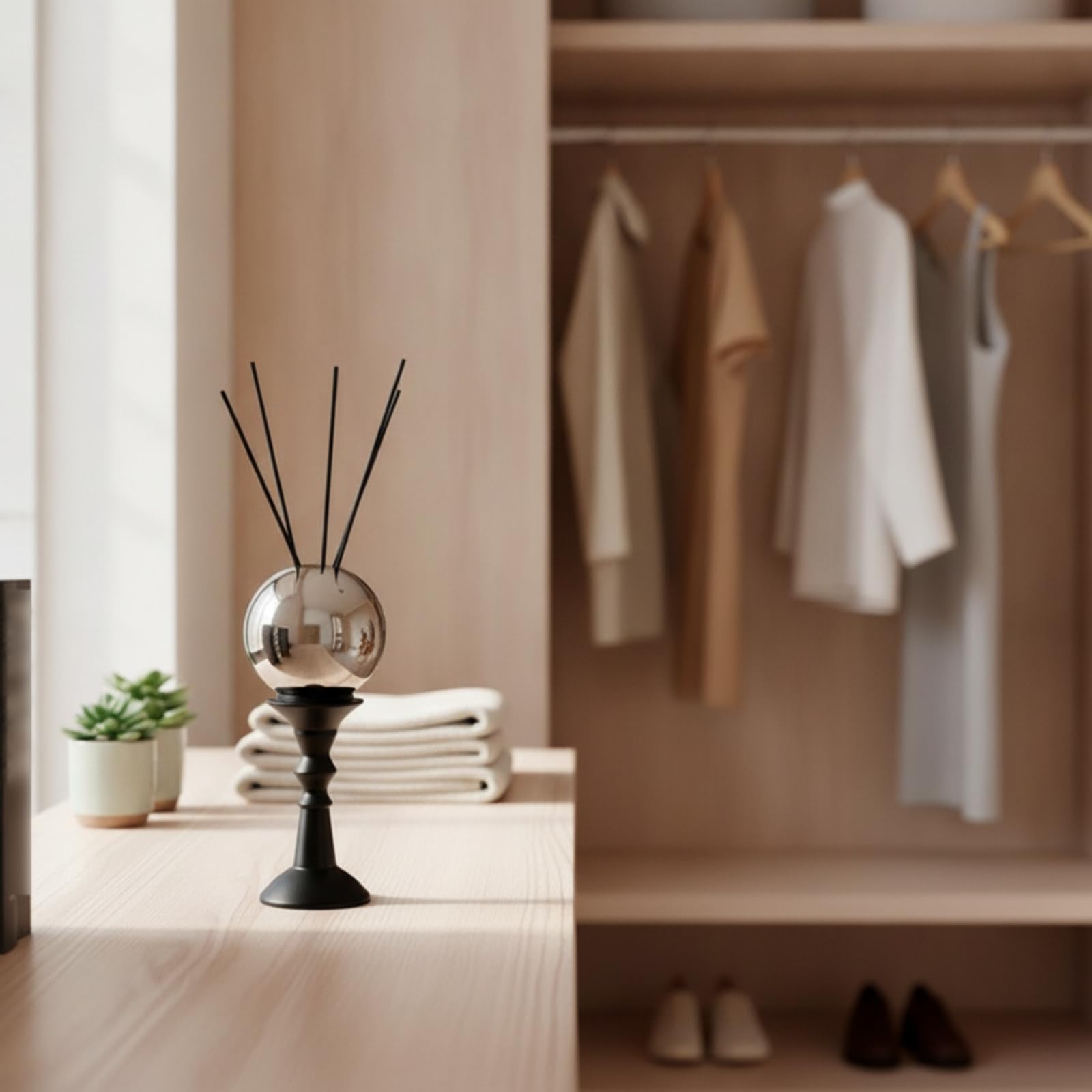rockible Profumatore Decorativo Bottiglia Diffusore Vaso Profumo Flacone Essenze Contenitore Aroma con Piedistallo Nero in Legno E Resina per Dispersione, Sfera