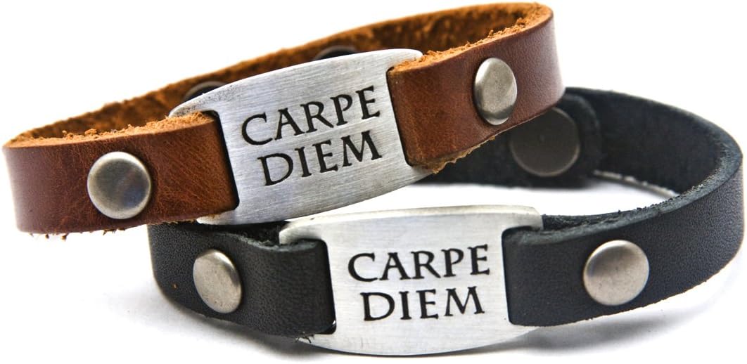 DIllon Rogers " Carpe Diem Men's Leather Bracelet with Metal I.D. Style Charm - Black or Brown