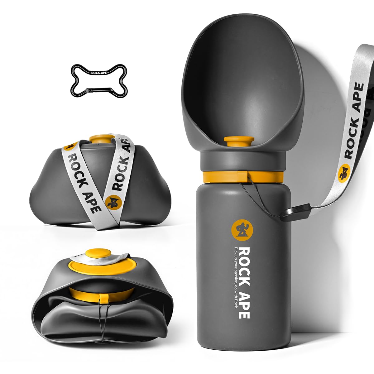 ROCK APE Botella de agua plegable de silicona para perros con cuenco, sin BPA, a prueba de fugas, operación con una sola mano, color gris