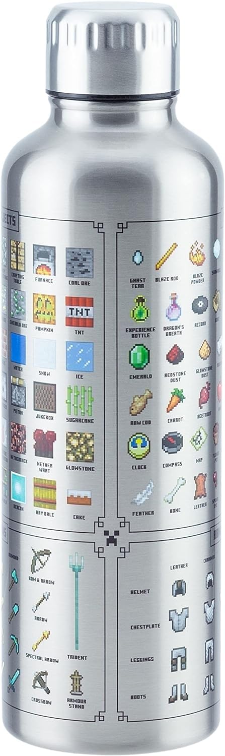 Paladone Minecraft Metall-Trinkflasche - Offiziell lizenziert, auslaufsicher, für heiße & kalte Getränke, mit In-Game-Items, Geschenk für Minecraft-Fans, 470 ml (16 Fl Oz)