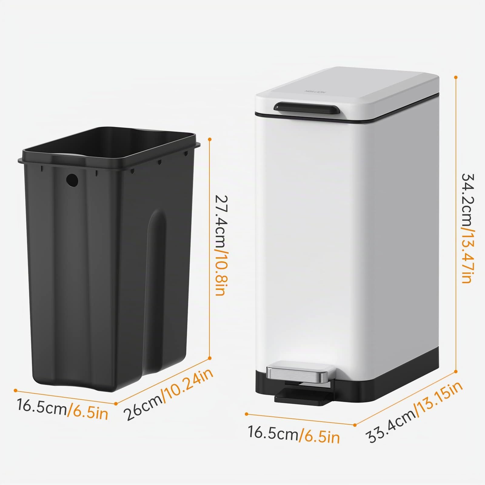 Mbillion Mülleimer Bad 10 Liter Slim Design Treteimer mit starkem Pedal, Edelstahl Rechteckiger Mülleimer Weiß | Rechteckiger Abfalleimer mit Deckel und Trittpedal, Edelstahl, schmale Passform, für Badezimmer, WC, Schlafzimmer und Büro