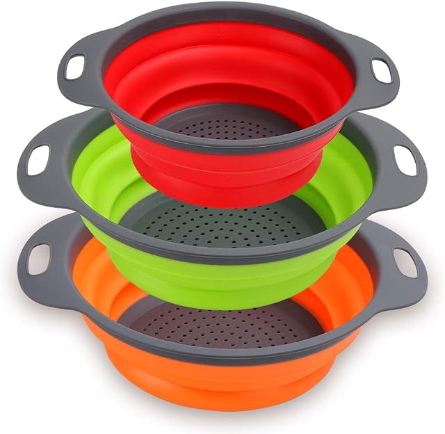 Collapsible Colander Set of 3 - Silicone Kitchen Strainers with Plastic Handles - 4 Quart & 2 Quart Sink Colander for Draining Pasta, Vegetables, Fruits (Green, Orange, Red)
