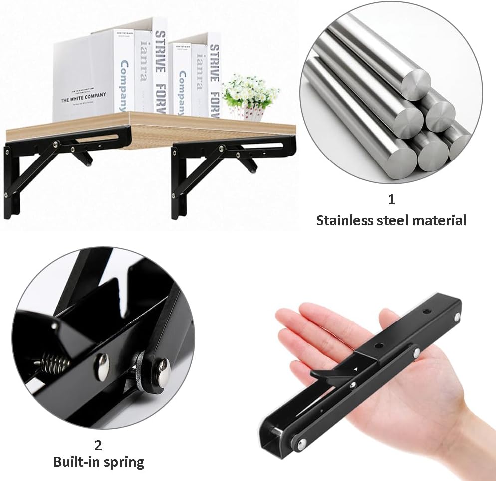 2Pcs Folding Shelf Brackets 200mm Metal Support Bracket Wall Mounted Folding Table Hinge for Kitchen Bedroom Work Bench (ZD/Black/8in)