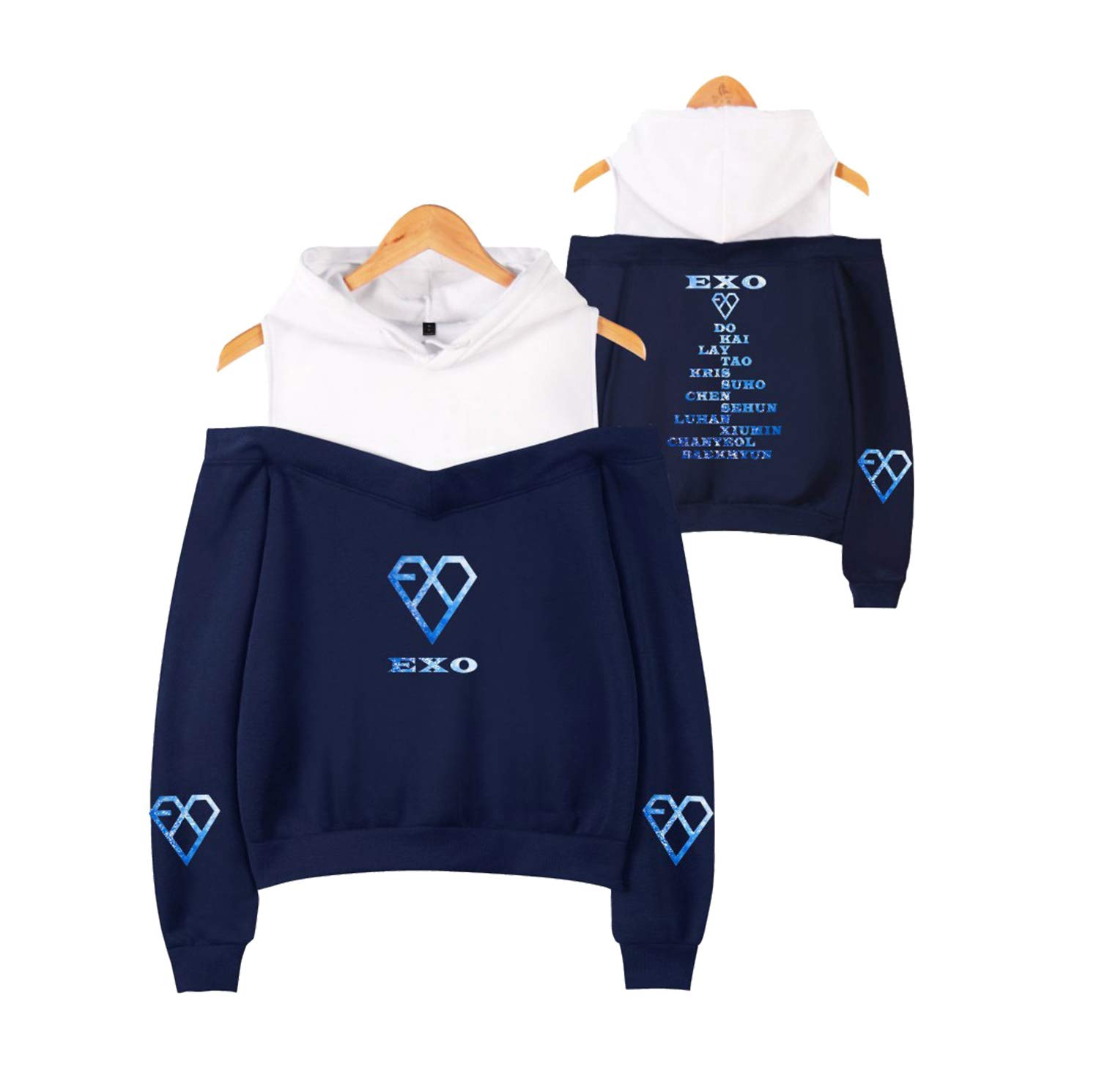 Xkpopfans Kpop EXO Hoodie New Album Sweatshirt Pullover Off The Shoulder Concert Sweater Merch XL Darkblue A