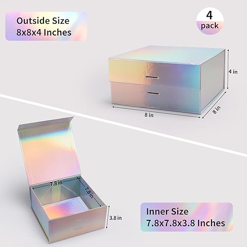 Miniatura 6 de Giftgarden Paquete de 4 cajas de regalo plateadas arcoíris de 8 x 8 x 4 pulgadas con tapas magnéticas, caja de regalo plegable para regalos, día de