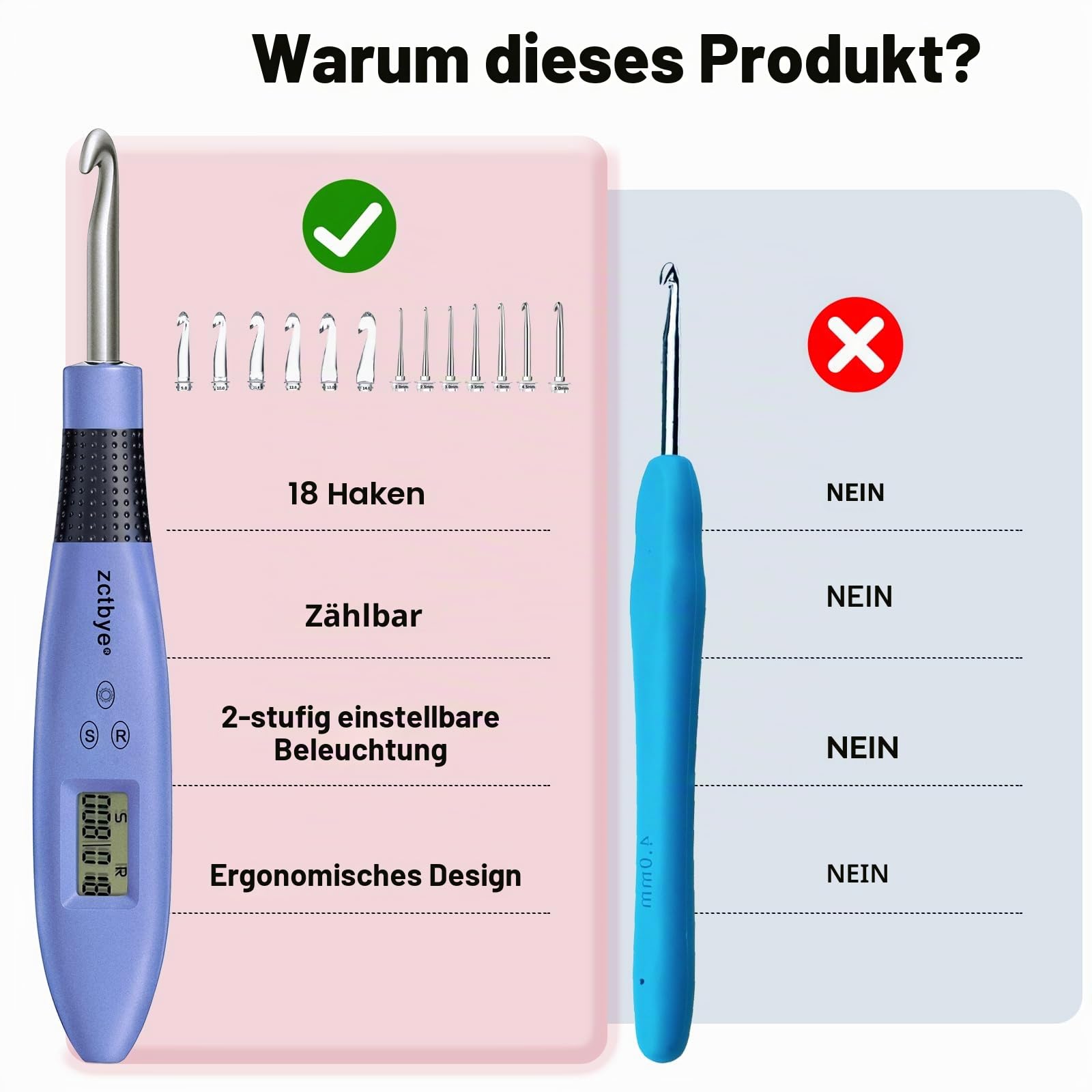 BZVV Zählen Häkelnadel Set Digital, Leuchtende Häkelnadeln für Stich & Reihenzähler, Häkelset mit 18 verschiedenen Größen Austauschbare Häkelnadel, Ergonomische Häkelnadeln mit 2 Stufen LED