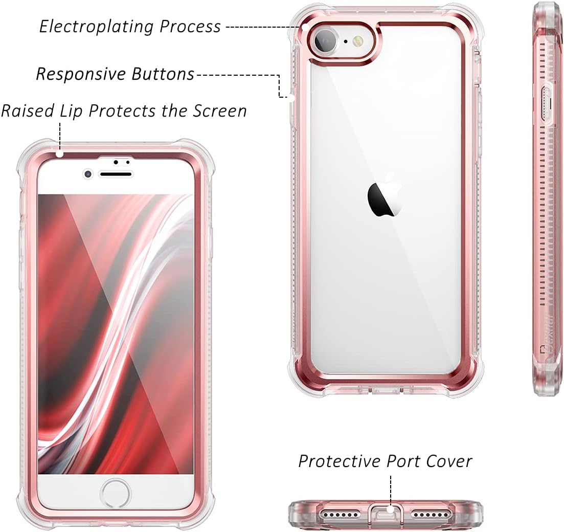 Dexnor for iPhone SE 2022 Case,SE 2020 Case, iPhone 8/7 Case with Screen Protector Clear Rugged 360 Full Body Protective Shockproof Hard Heavy Duty Case for iPhone SE (2022/2020)/8/7 -Metallic Pink