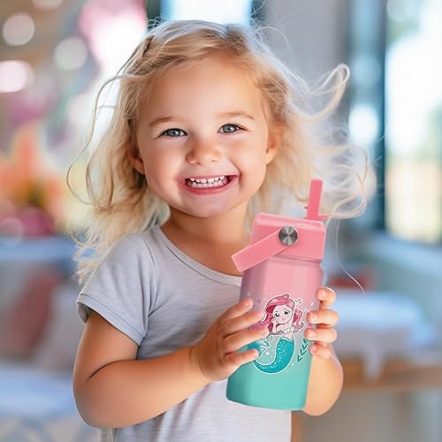 Miniatura 6 de Botella de agua de sirena para niñas, botella de agua para niños con tapa con popote, botellas de agua aisladas de acero inoxidable de 12 onzas para