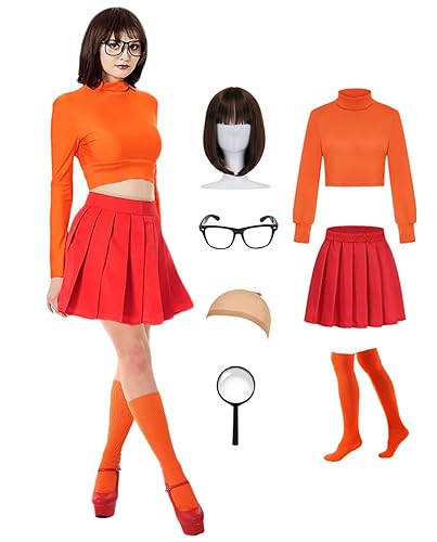 jiobabe Women Velma Costume Sexy Adult Long Sleeve Orange Crop Top Red Mini Skirt Group Halloween Costumes Outfit Set - Medium