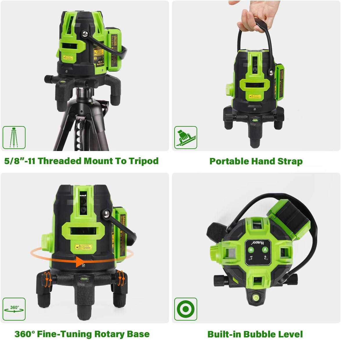Huepar Multi-Line Laser Level-Four Vertical and One 360° Horizontal Lines with Plumb Dot, Green Cross Line Self-leveling Laser Tool -Rotating Base, 2 Li-ion Battery (L141G Multi-line Laser Level)