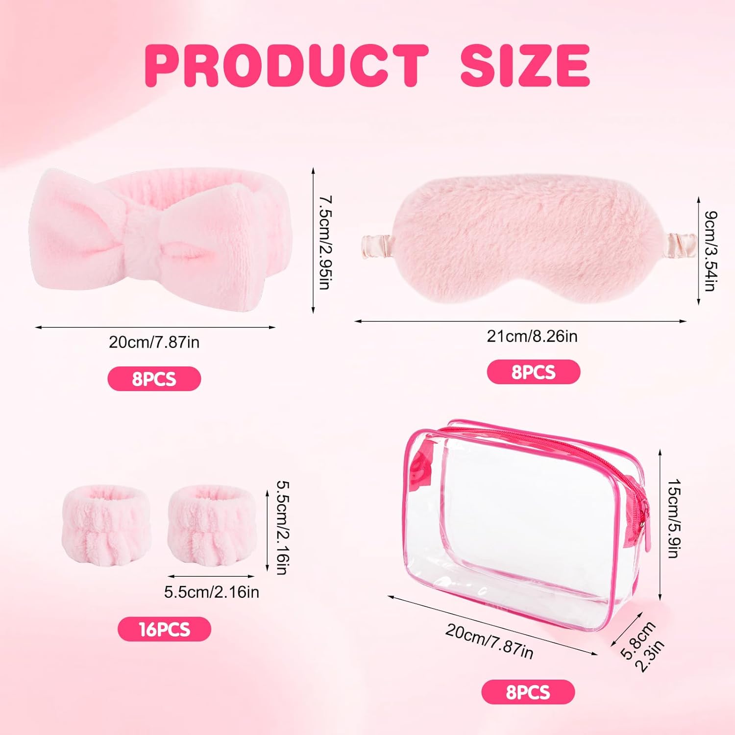 40 Pcs Sleepover Party Supplies for Girls, 8 Spa Headband, 16 Hand Bands, 8 Plush Sleep Eye Mask, 8 Clear Cosmetic Bags, Makeup Washing Face, Bulk for Spa Party Favors