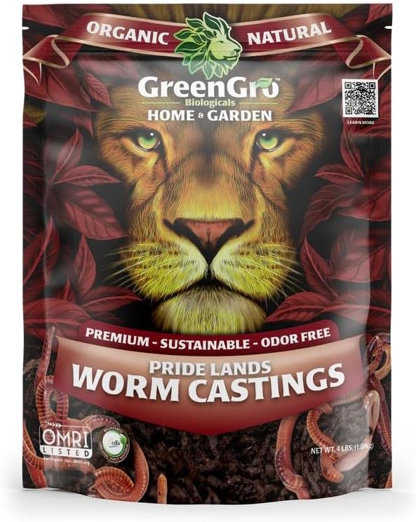 GreenGro Pride Lands Worm Castings - Outdoor & Indoor Natural Fertilizer/Beneficial Bacteria/Top Dressing/Soil Additive/Compost Tea made from Worm Castings (4lb)