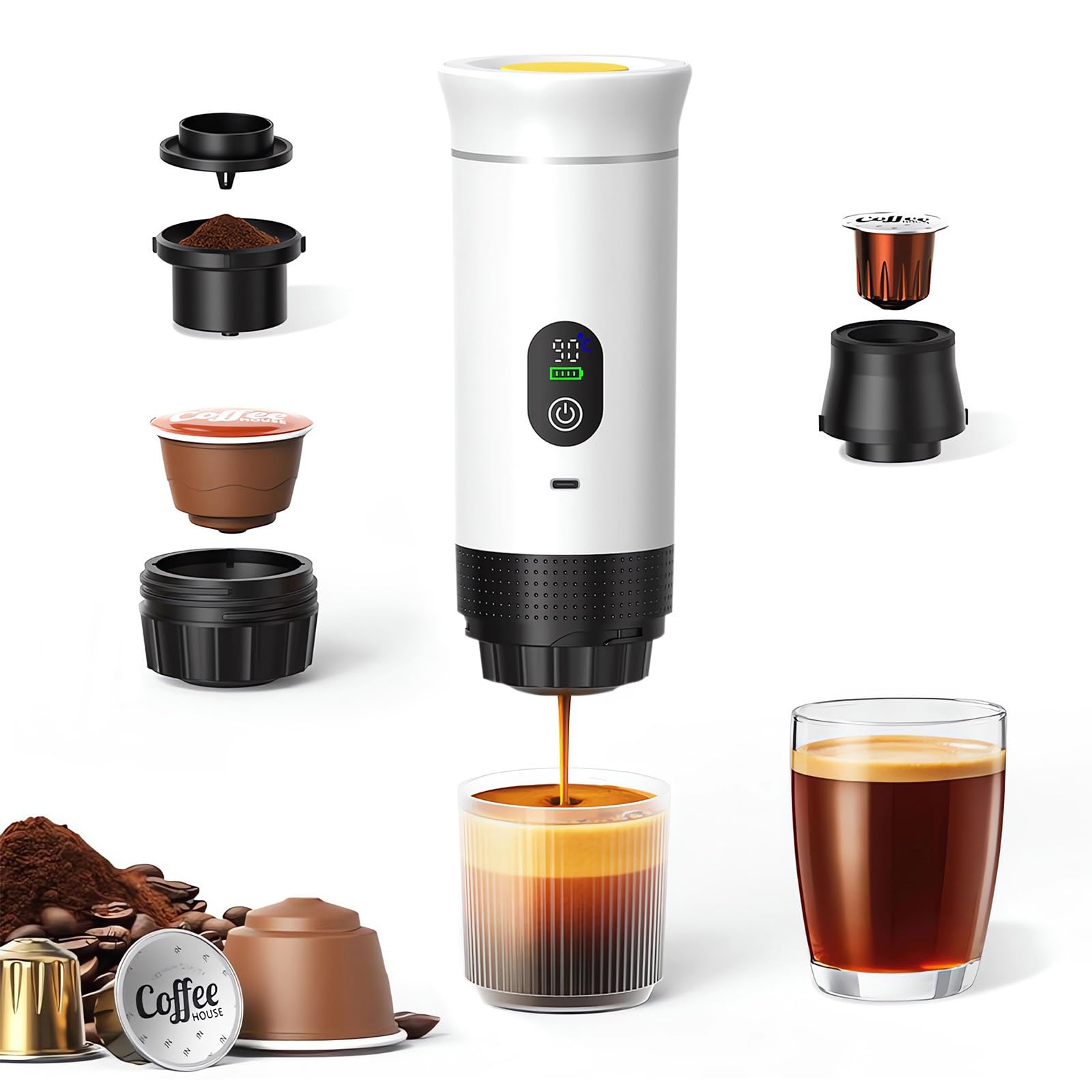 Portable Electric Espresso Coffee Maker, 3 in 1 Portable Espresso Coffee Maker with Fast Heating, Mini Travel Coffee Maker, Ideal for Travel, Office and Camping