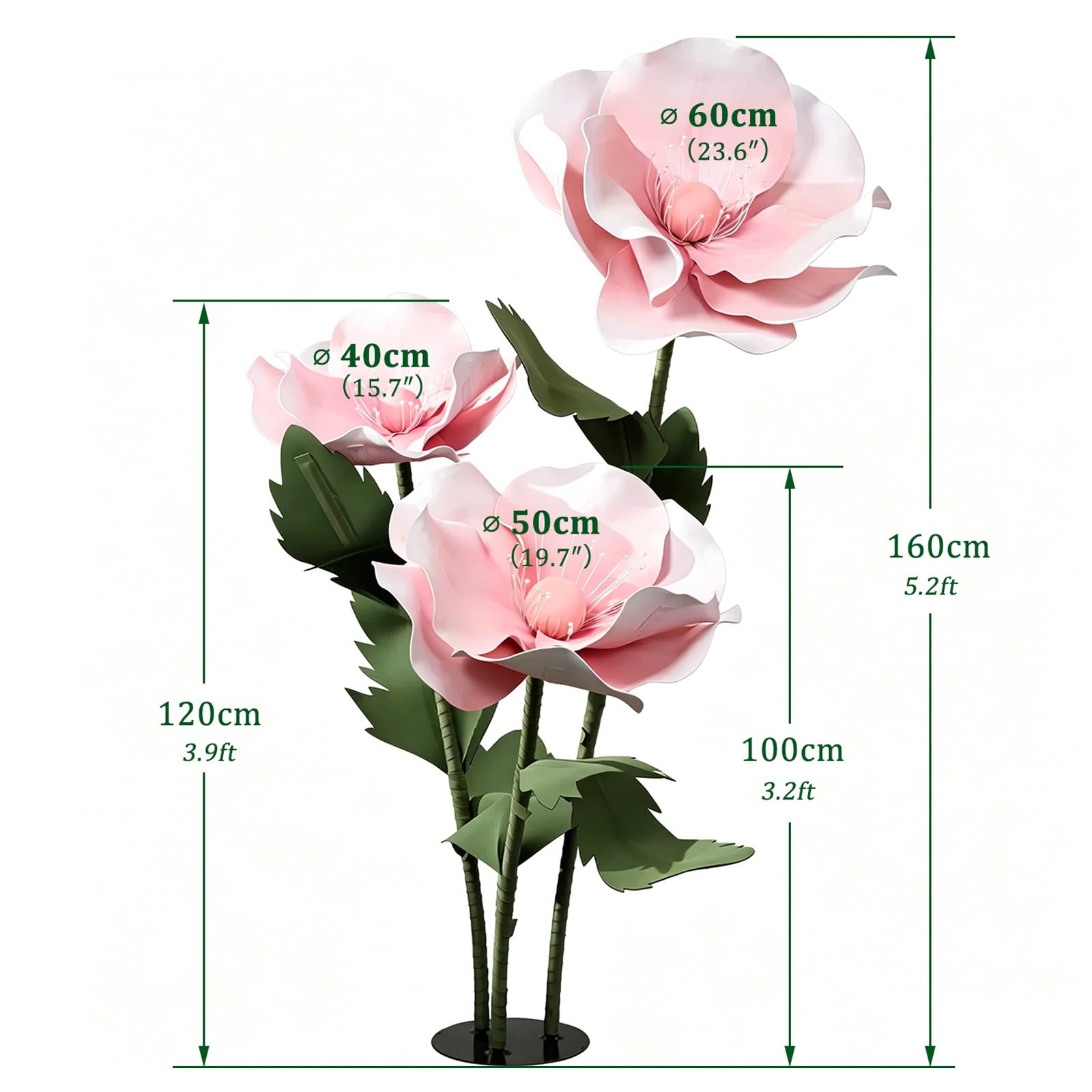 1,6M Riesige Künstliche Blumen zur Dekoration, Großes Eva Mohnblumen Set, Wasserdicht, Metallständer, Biegbare Stiele, für Hochzeiten, Gartenparty, Schaufenster, Fotohintergrund(Pink)