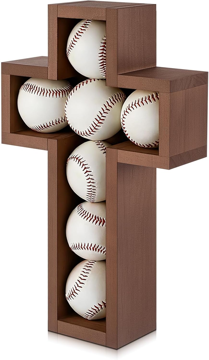 Baseball Display Case Baseball Holder for 7 Balls Display Wall Mount Cross Wooden Shadow Box for Collecting Memorabilia Autographed Balls