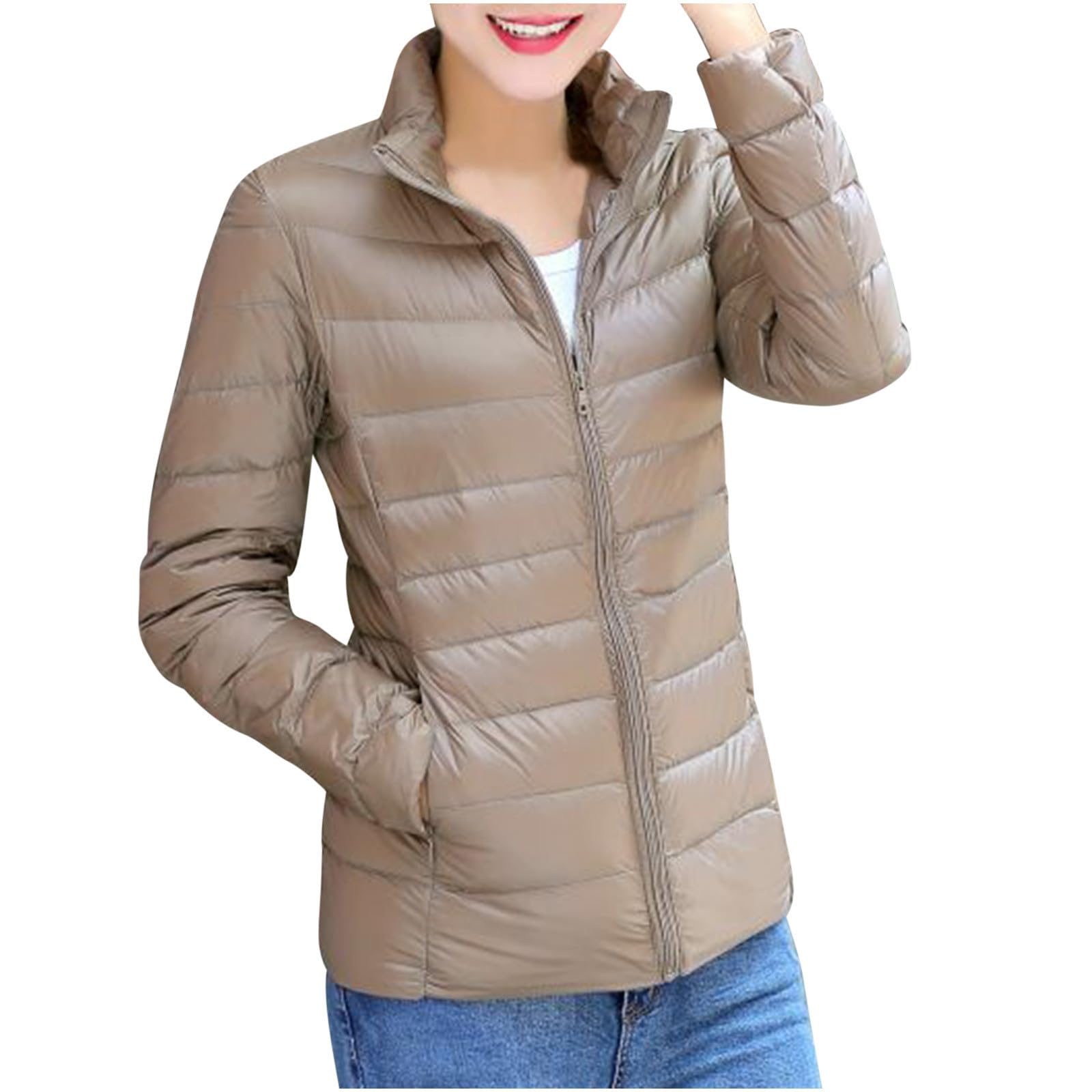 3 in 1 Jacket Women Women's Packable Puffer Jacket Lightweight Insulated Coat Casual Solid Zip Outerwear Short Down with Pockets Womens Oversized Hoodie Khaki