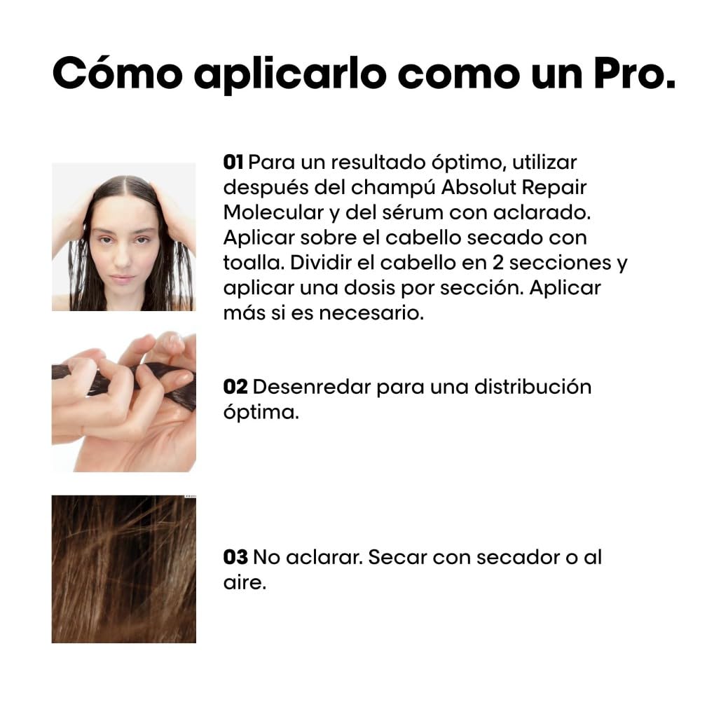 L’Oréal Professionnel, Absolut Repair Molecular Mascarilla Reparadora Sin Aclarado, Textura Crema, Repara Daños y Fortalece, Termoprotección, Fórmula Patentada, para Cabello Dañado