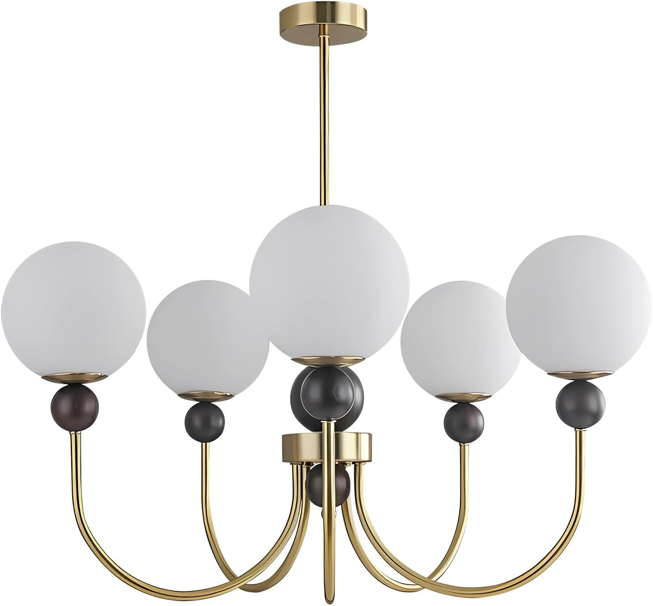 BOKT Modern Glass Chandelier Vintage Globe Pendant Light Gold Wooden 5-Light Semi Flush Mount Ceiling Light Fixture Kitchen Island Sputnik Chandeliers for Living Room Dining Room Restaurant