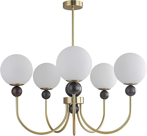 Miniatura 5 de BOKT Candelabro de cristal moderno con forma de globo vintage, lámpara colgante de madera dorada de 5 luces, lámpara de techo semiempotrada, lámpara