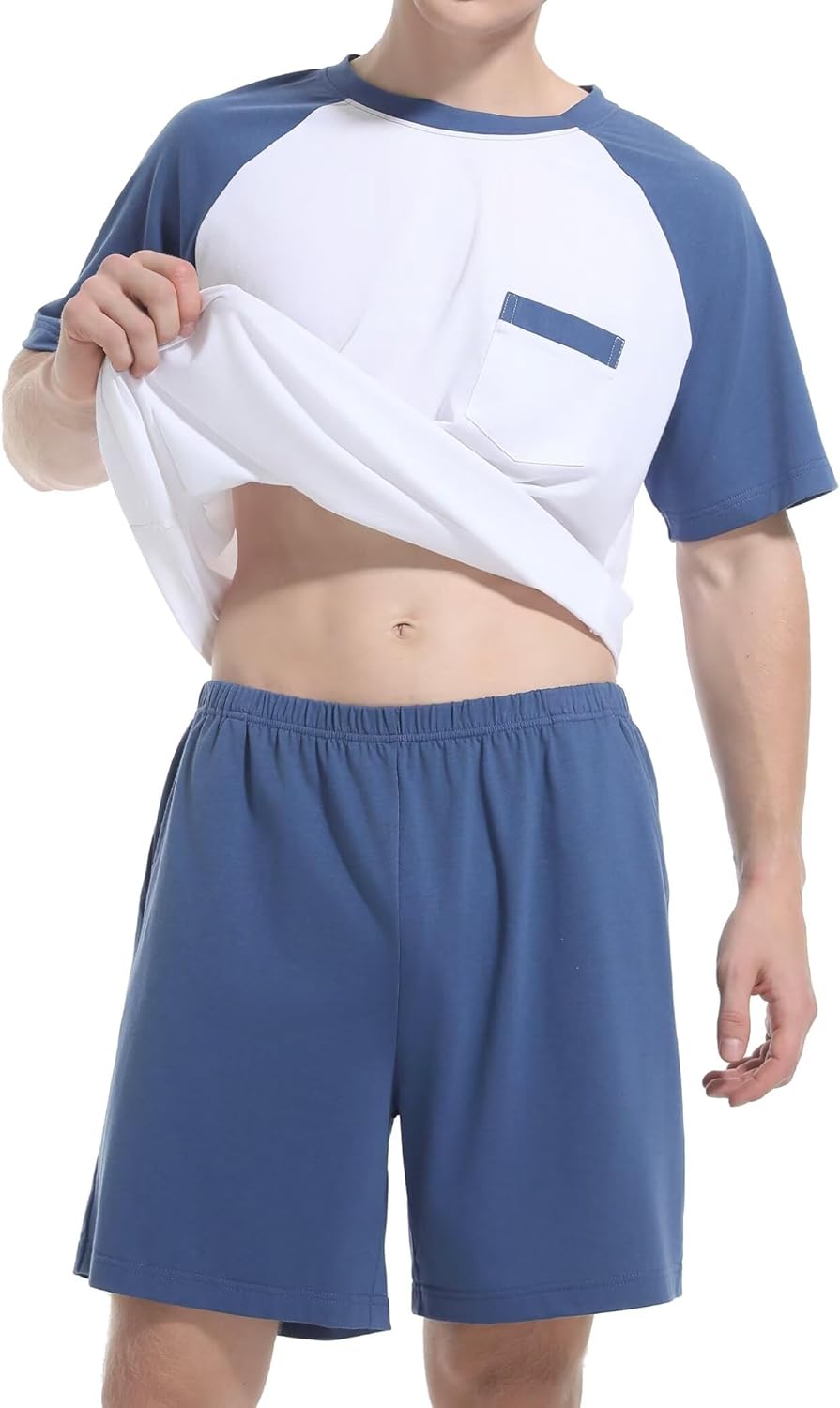 Mens Pajamas Set Summer Pjs Sleepwear Lightweight Loungewear Soft Short Sleeve Sleep Set With Pocket S-2XL - Image 3