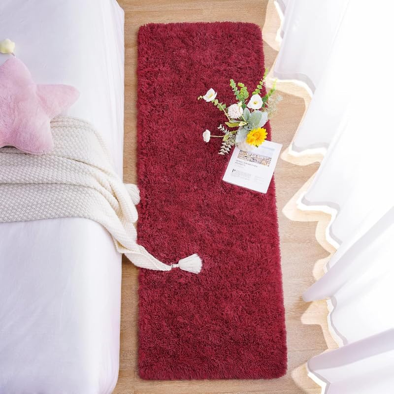 Image of Upgrade Rugs for Bedroom Indoor Floor Carpets Anti Skid Handwoven Solid Plain Shaggy Rugs High Pile, Floor Carpets for Home Size 2x5 Feet Runner Color Red