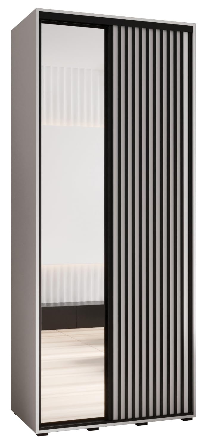 Armadio moderno a 2 ante scorrevoli con barra a specchio, elegante armadio per camera da letto e soggiorno, 235,2 x 110 x 45 cm, design salvaspazio nero