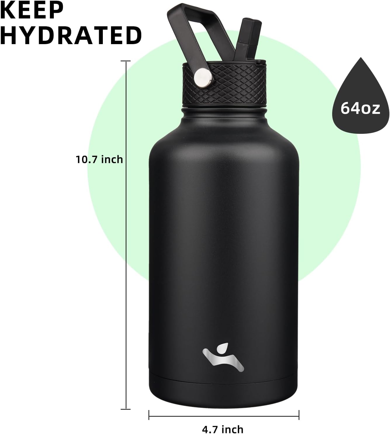 Half Gallon Insulated Water Bottle with Straw,64 oz 3 Lids Water Jug with Carrying Bag,Paracord Handle,Double Wall Vacuum Stainless Steel Metal Flask,Black - Image 3