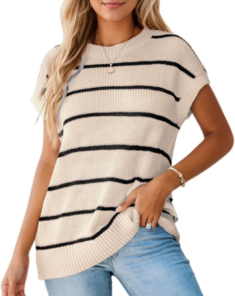 CUPSHE Womens Knit Short Sleeve Sweater Striped Crew Neck Cap Sleeve Top Casual Pullover Tops