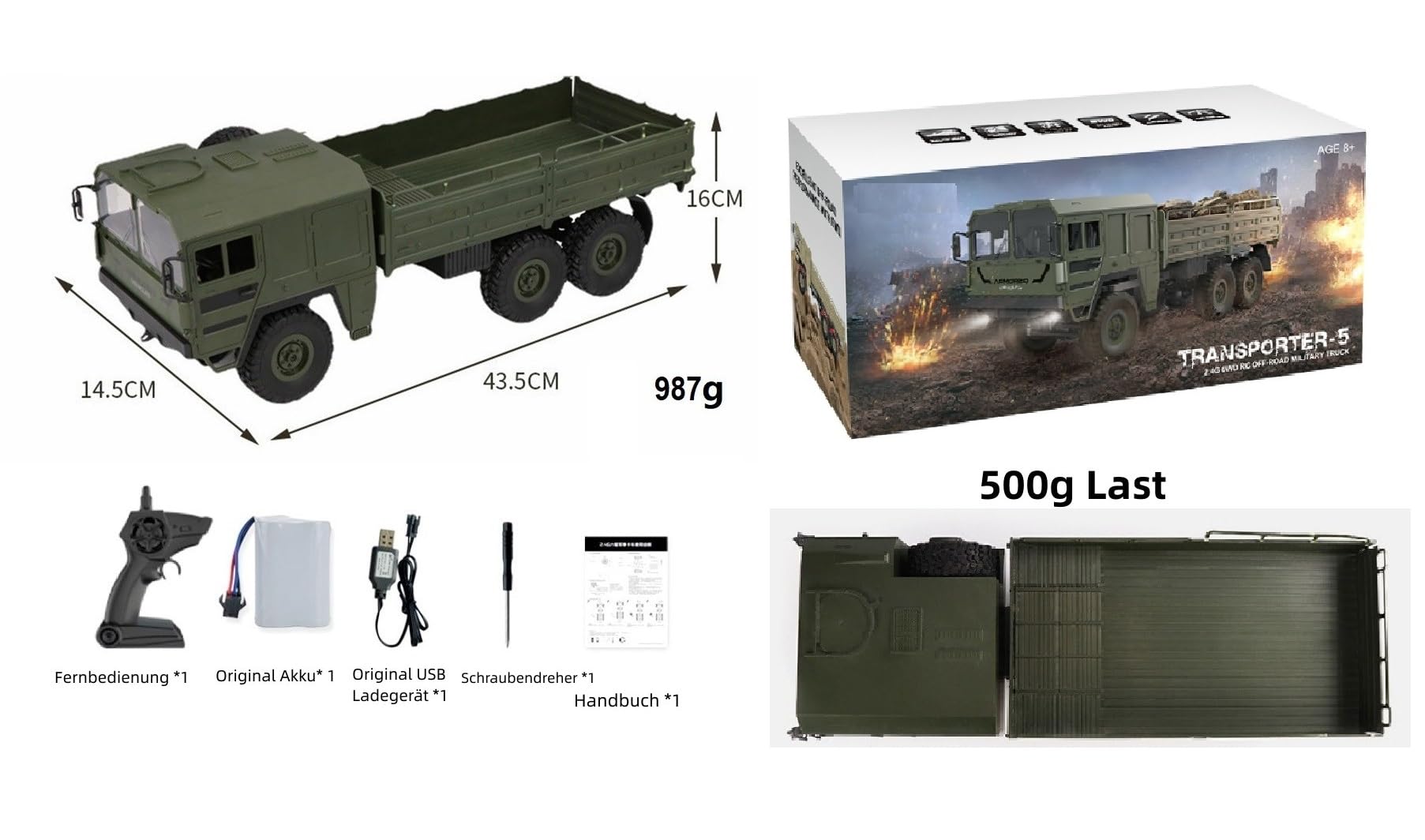 RTR RC LKW Militär Army Truck Komplett Off Road Lastwagen 1:16 Q64 6WD 2,4G Fernbedienung Modell Simulation Transporter Grün Geschenke für Jungen und Männer