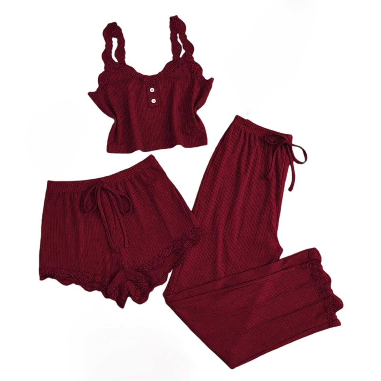 HGps8w Sexy Ribbed Pajamas Sets for Women Lace Crop Camisole Shorts Long Panst Matching 3 Piece Lounge Outfits