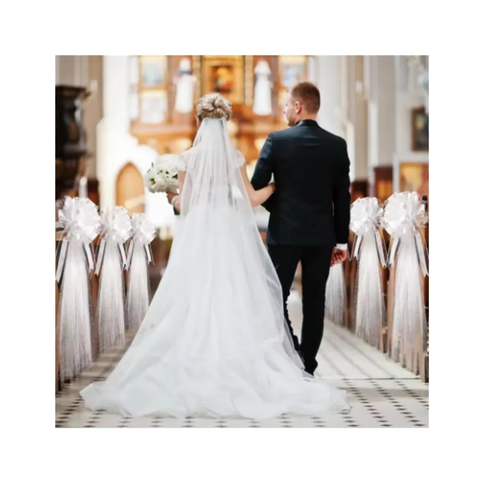 4 Pezzi Fiocchi di banco for Matrimonio in Chiesa con Lunghe Code Tulle Decorazione corridoio for Sedia for Auto Nuziale for la Cerimonia del in per Casa