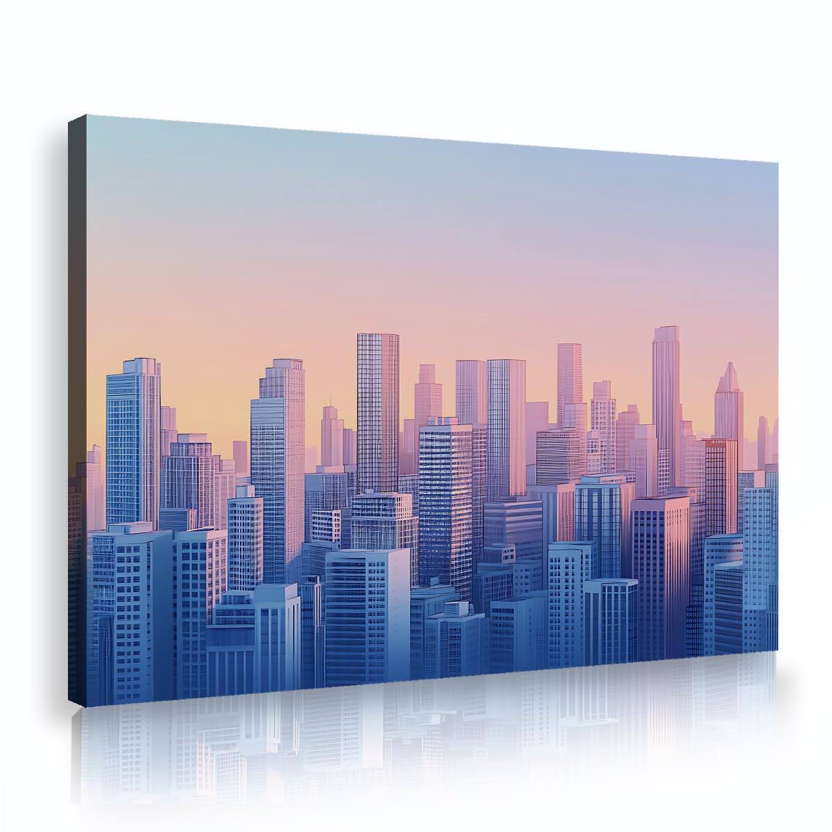TOANGWALL Modern City Skyline Framed Canvas Wall Art Minimalist Urban Skyscraper Picture Blue Pink Pastel Architecture Gallery Wrapped Poster for Bed Room Living Room Decor 75x115cm