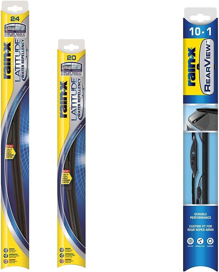 Rain-X 810162 Latitude 2-in-1 Water Repellent Wiper Blades, 24" and 20" Windshield Wipers and Rain-X 850019 Rearview 10-1 Rear Wiper Blade, 10" (Pack of 3) - Replacement Windshield Wiper Blades