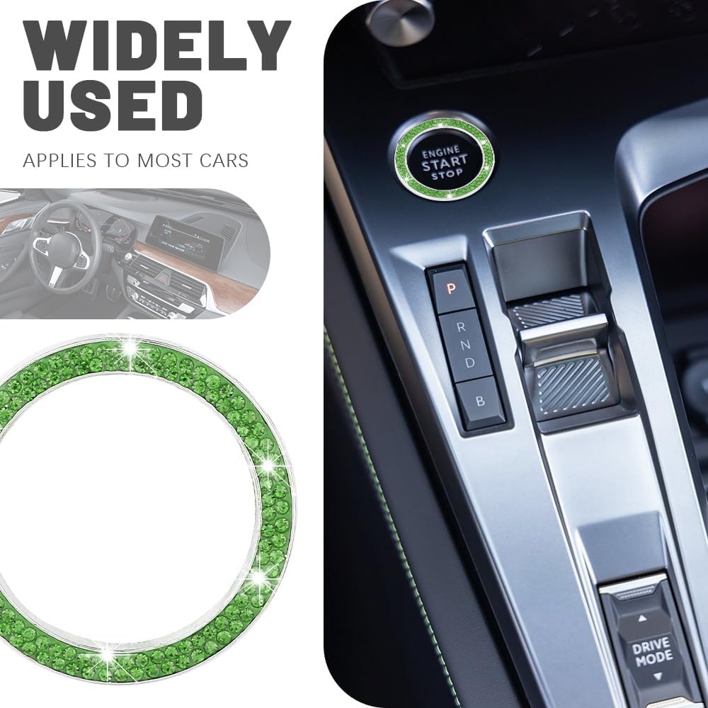 2PCS Bling Crystal Double Rhinestone Car Engine Start Stop Decoration Ring, Car Push Start Button Cover/Sticker, Key Ignition Knob Bling Ring, Car Interior Accessories for Women, Light Green image 3