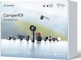 Aecooly 11-in-1 Modular CamperKit Camping Survival Kit, Portable Outdoor Gear with Igniter, Flashlight, Alarm, Water & Air Pump, Charger, 3 Cooling Fans, 2 Lights for Hiking, Camping, Road Trip, Gifts