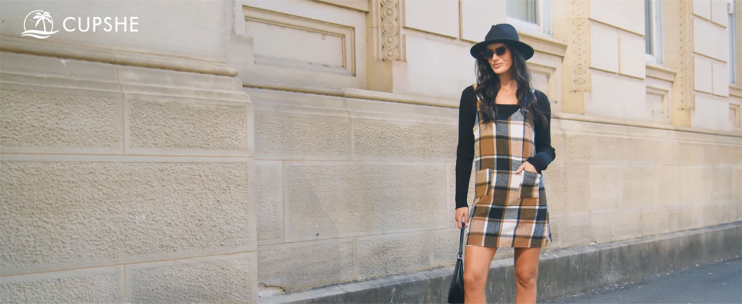 CUPSHE Fall Dresses for Women V Neck Plaid Sleeveless Wide Strpas Pockets  Casual Pinafore Mini Overall Dress Black Plaid, XS at Amazon Women's  Clothing store