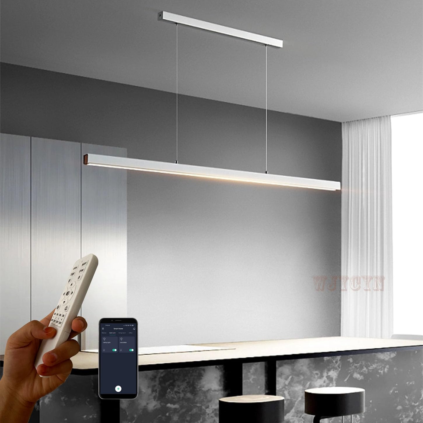 Moderno LED pendente Tavolo da pranzo Dimmerabile Materiale acrilico Lampada a sospensione Lampada da sala da pranzo Design lineare Lampadario con telecomando per ristoranti Ufficio L150cm 60W Bianco