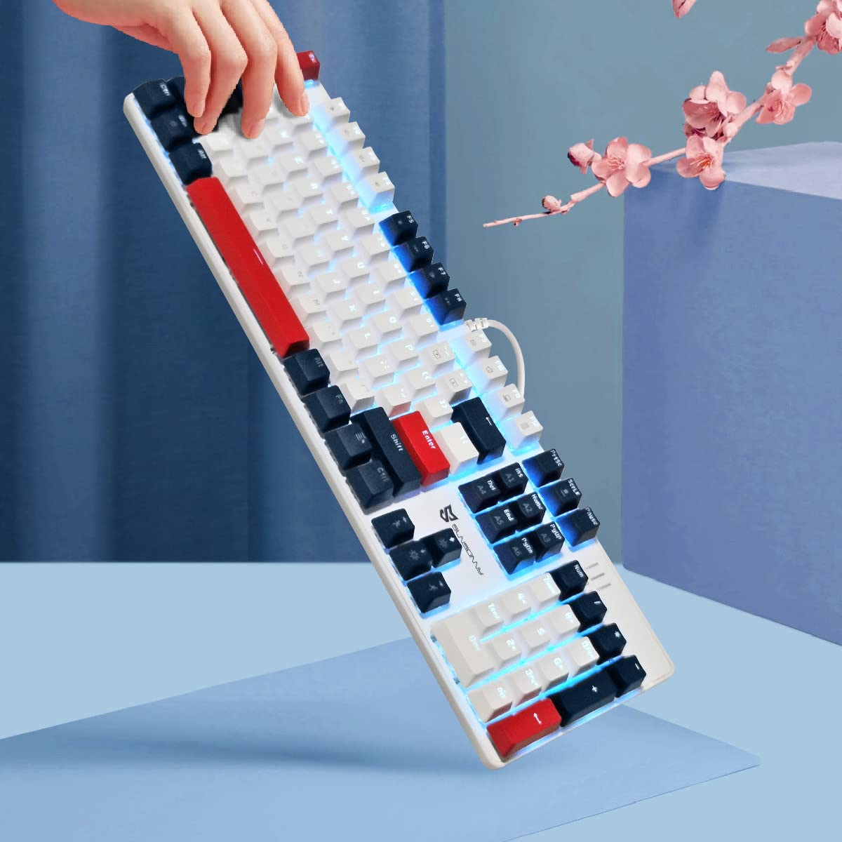 Qisan Tastiera meccanica da gioco, tastiera cablata, retroilluminazione a LED bianco/blu/rosso combo 104 tasti layout americano tastiera da gioco con rimovibile,interruttore blu