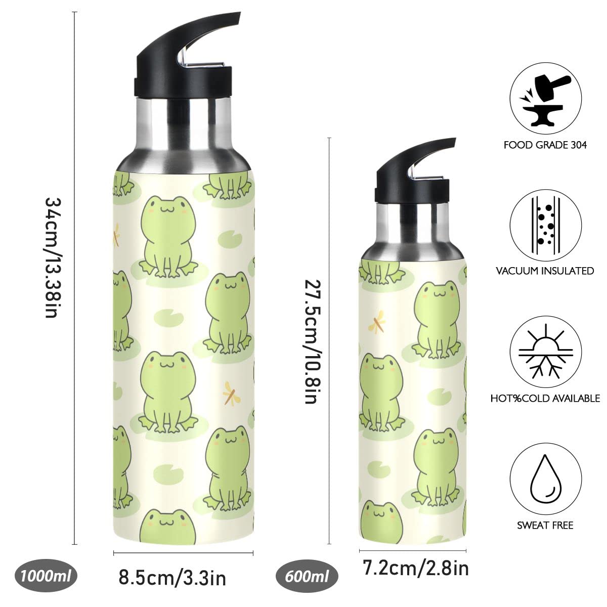 Edelstahl Wasserflasche mit Strohhalm, niedlicher Frosch isolierte Trinkflasche Sport Wasserflasche für Kinder Erwachsene, auslaufsicher, 1L