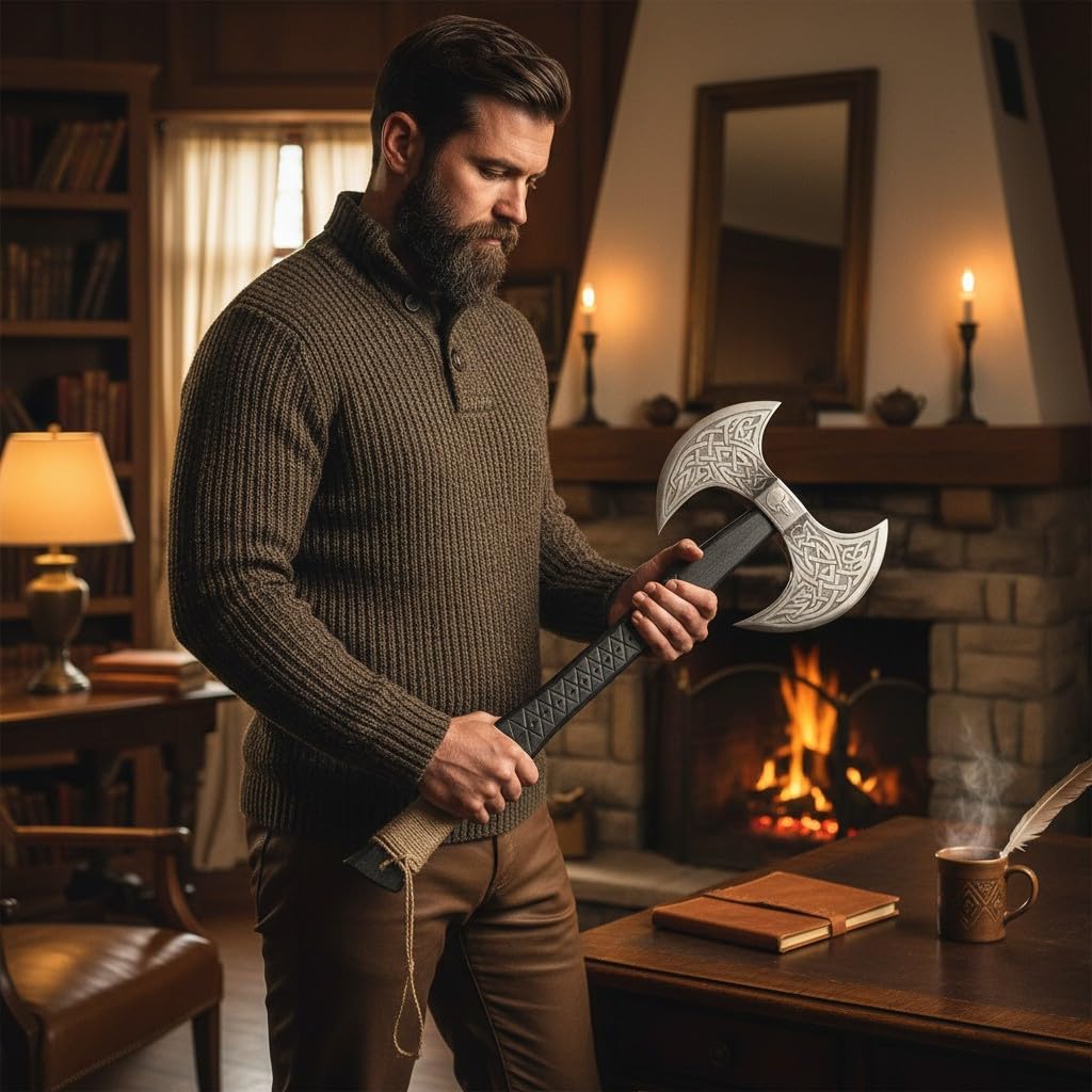 AX-7001 - Hacha vikinga de acero al carbono forjado con eje de madera de rosa, hacha de doble filo