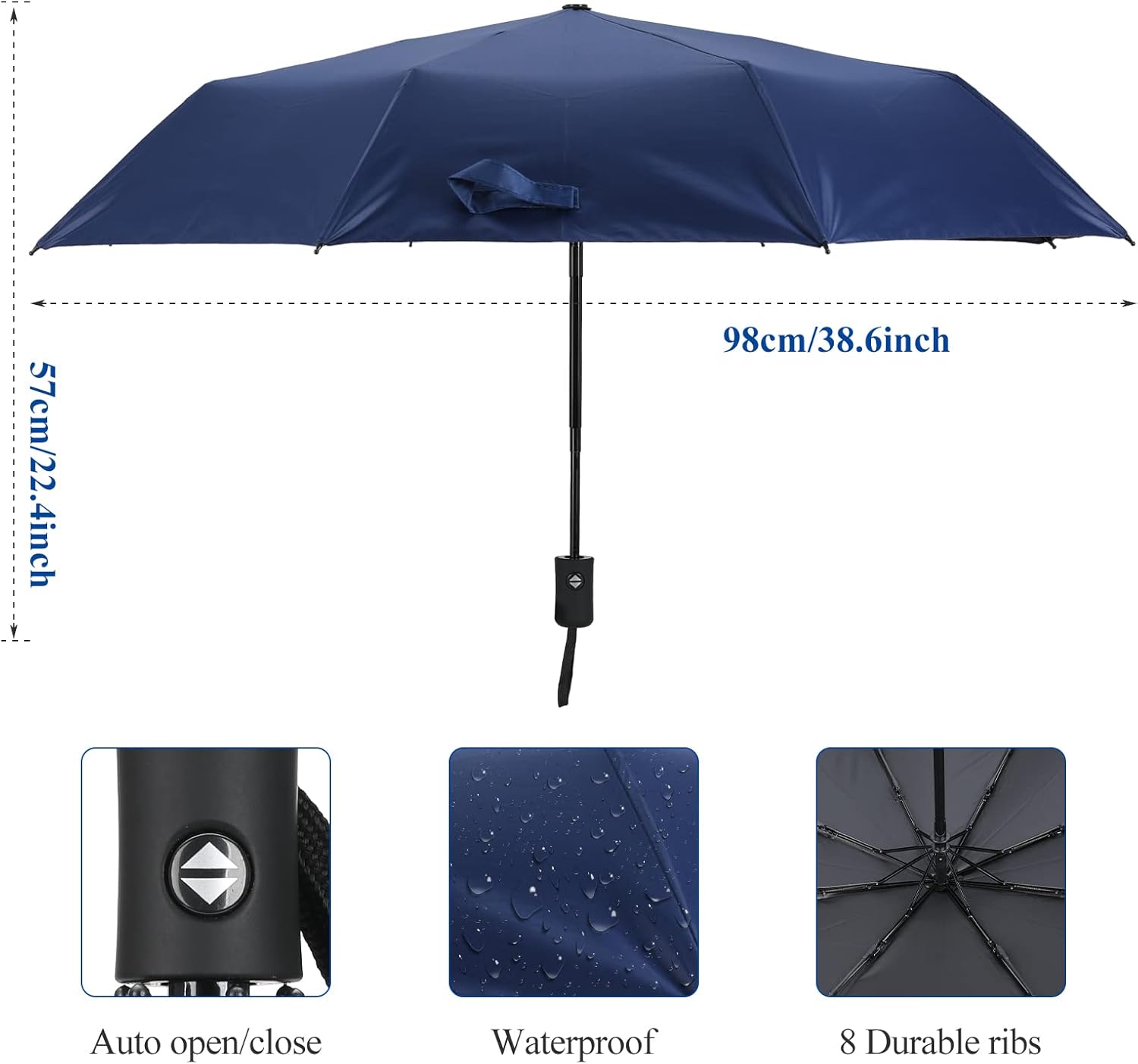 review Travel Folding Umbrella, Windproof Auto Umbrella, 8 RIBS One Button Open & Close Collapsible Folding Small Compact Umbrella for Men/Women - Blue