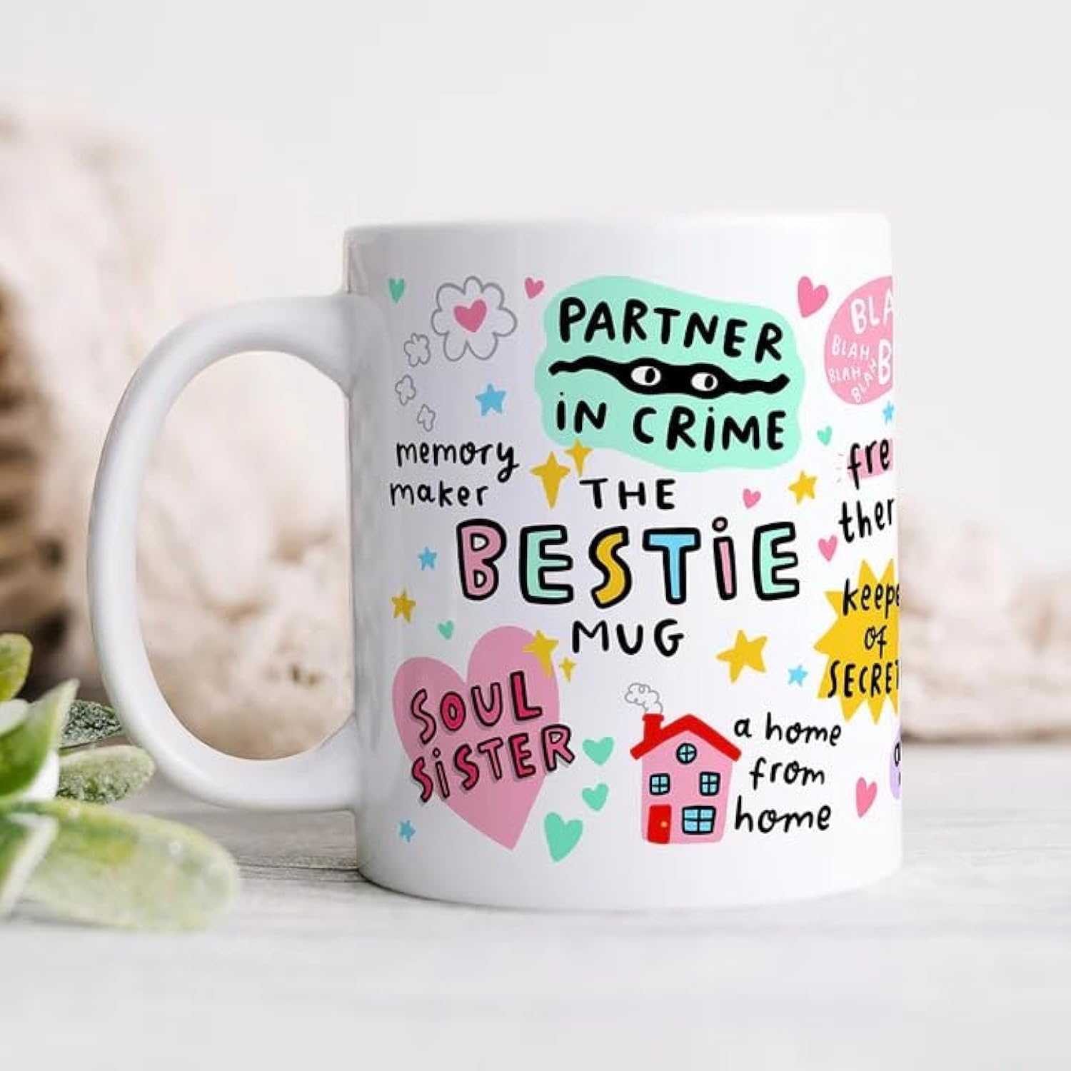 Ceramic The Bestie Mug, My Sidekick, My Happy Place, My Partner In Crime, My Soul Sister, Best Friend Birthday Gift, For Her, 330 ML,White
