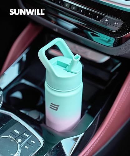 Miniatura 5 de SUNWILL Botella de agua aislada con popote, botella de agua para deportes y viajes, 22 onzas, acero inoxidable de doble pared, apta para portavasos,