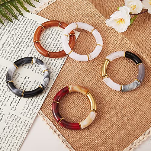 Ornaland 5 Pcs Bamboo Tube Bangles Bracelets Chunky Curved Stacking Acrylic CCB Plastic Beads Stretch Bracelets Set Color Friendship Couple Bracelets Gift for Women Men,2 inch(5.2cm)3