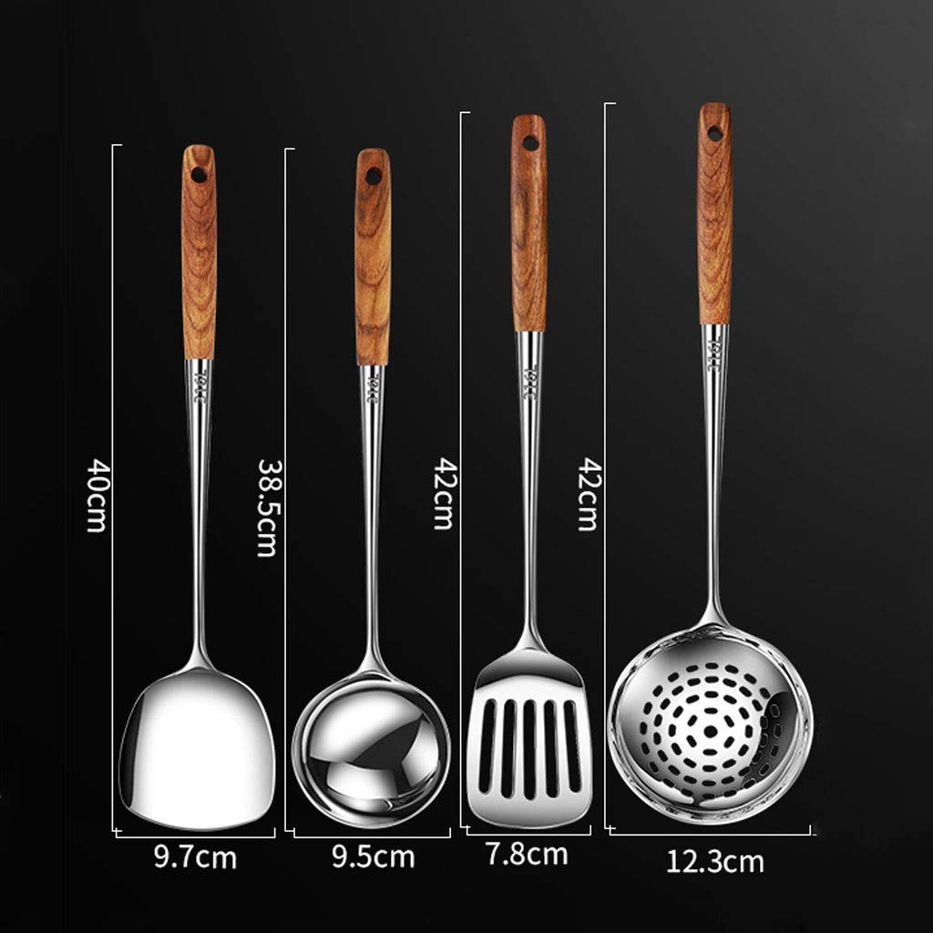 Set di Utensili da Cucina, Spatola Wok in Acciaio Inox Legno Manico Lungo Pala Anti-Caldo Cucchiaio Utensili da Cucina for La Casa Utensili da Cucina Spatola Wok Antiaderente (Size : Large) (Size : S