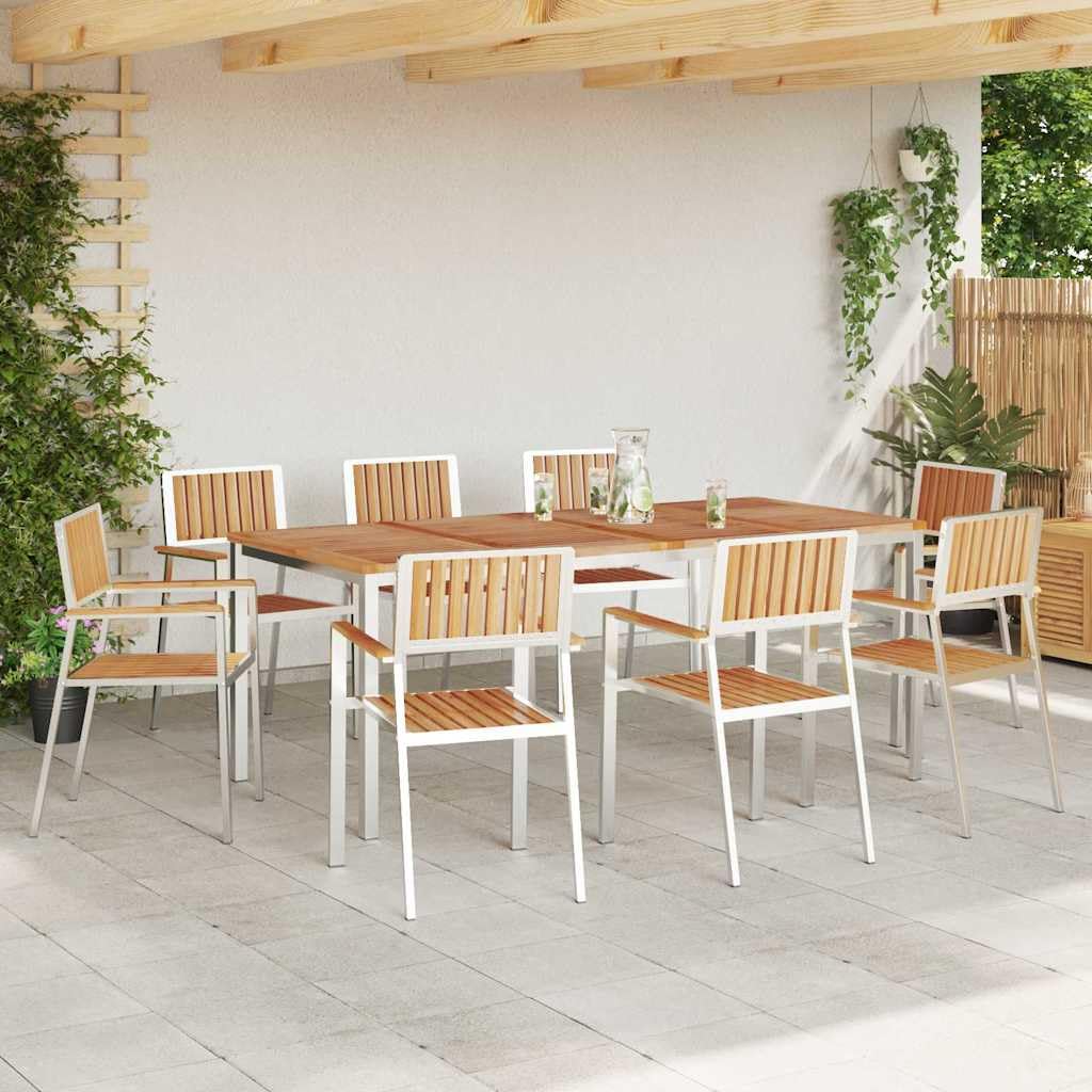 Zestaw stołów outdoorowych, 9-częściowy, brązowy, lite drewno tekowe, stół ogrodowy z 8 krzesłami, stół tarasowy, do ogrodu, na balkon, patio, werandę, dla rodziny, gości, piknik, jedzenie