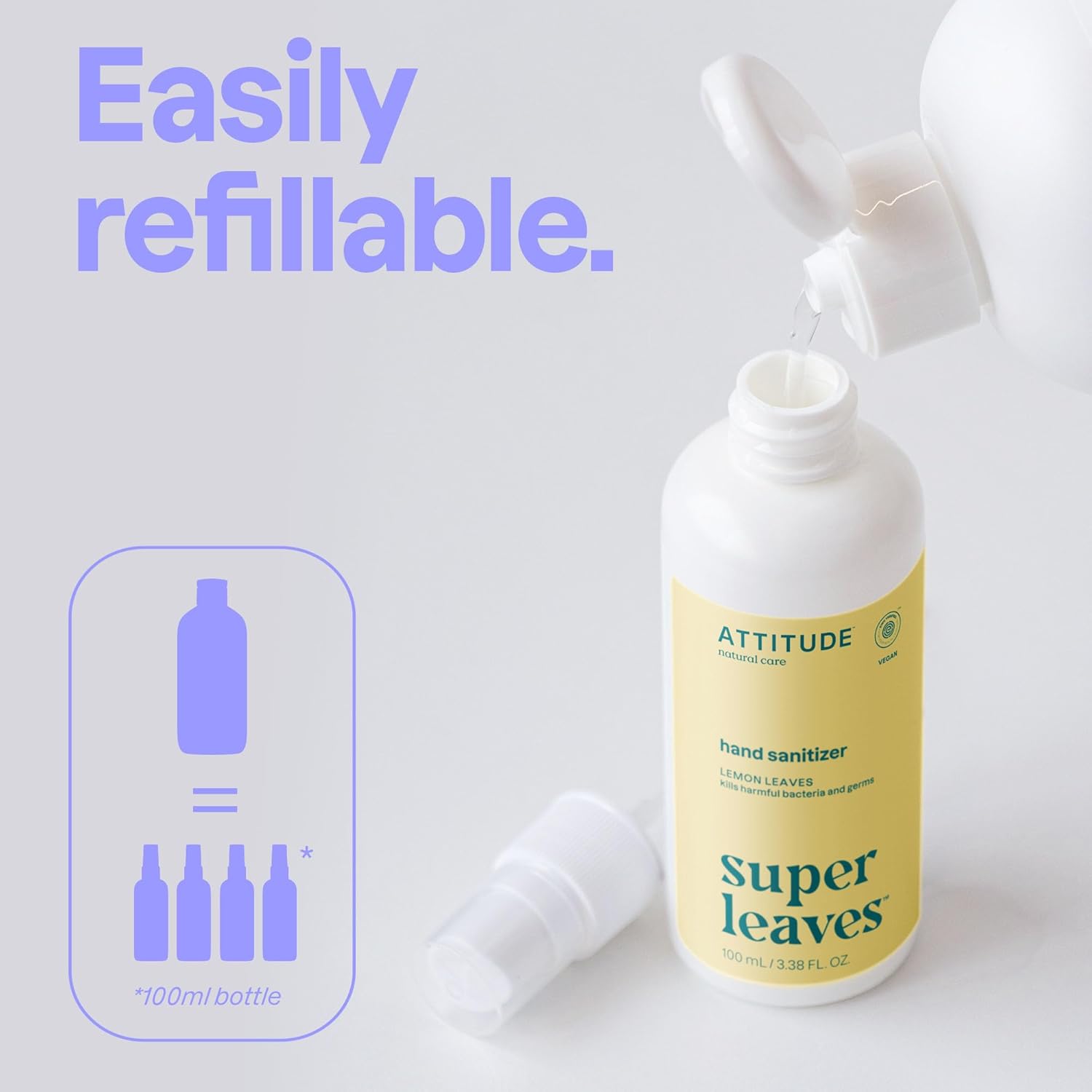 ATTITUDE Hand Sanitizer Spray for Adults and Kids, EWG Verified, Kills Bacteria and Germs, Vegan, Lemon Leaves, 3.38 Fl Oz (Spray Bottle) (Pack of 6)