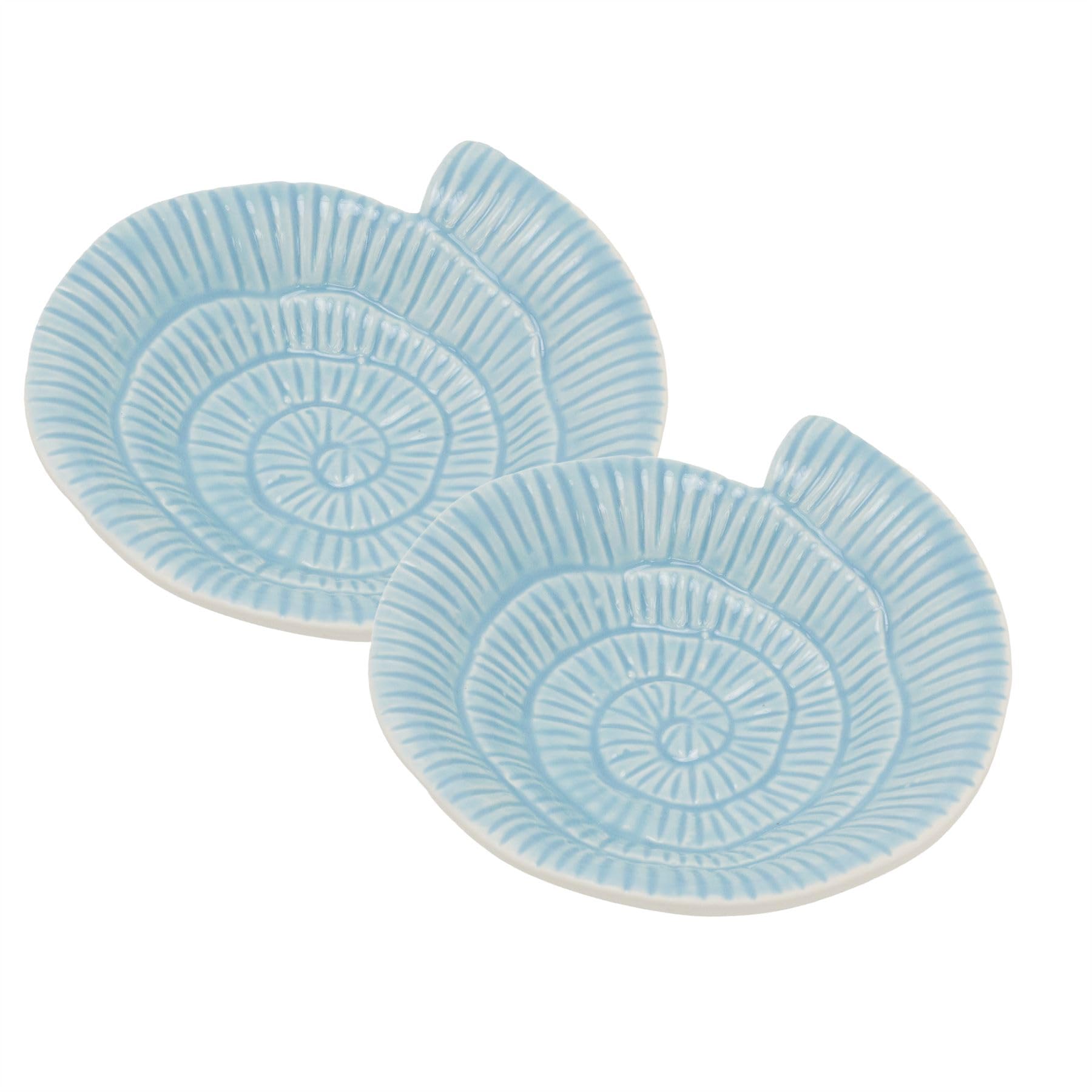 Carousel Home Set of 2 Pale Blue Ammonite Trinket Dishes, 12cm Ceramic Nautical Jewellery Trays, Decorative Coastal Bowls